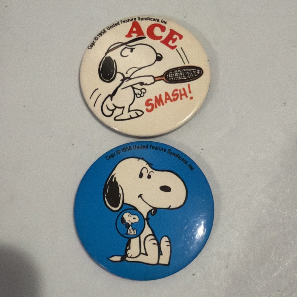 Vintage 1970s Peanuts Snoopy 2" Pinback Buttons – Lot of 2. Copr 1958